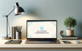 A clean, organized desktop with lamp lighting up a laptop with the AI Literacy Fundamentals course loaded.